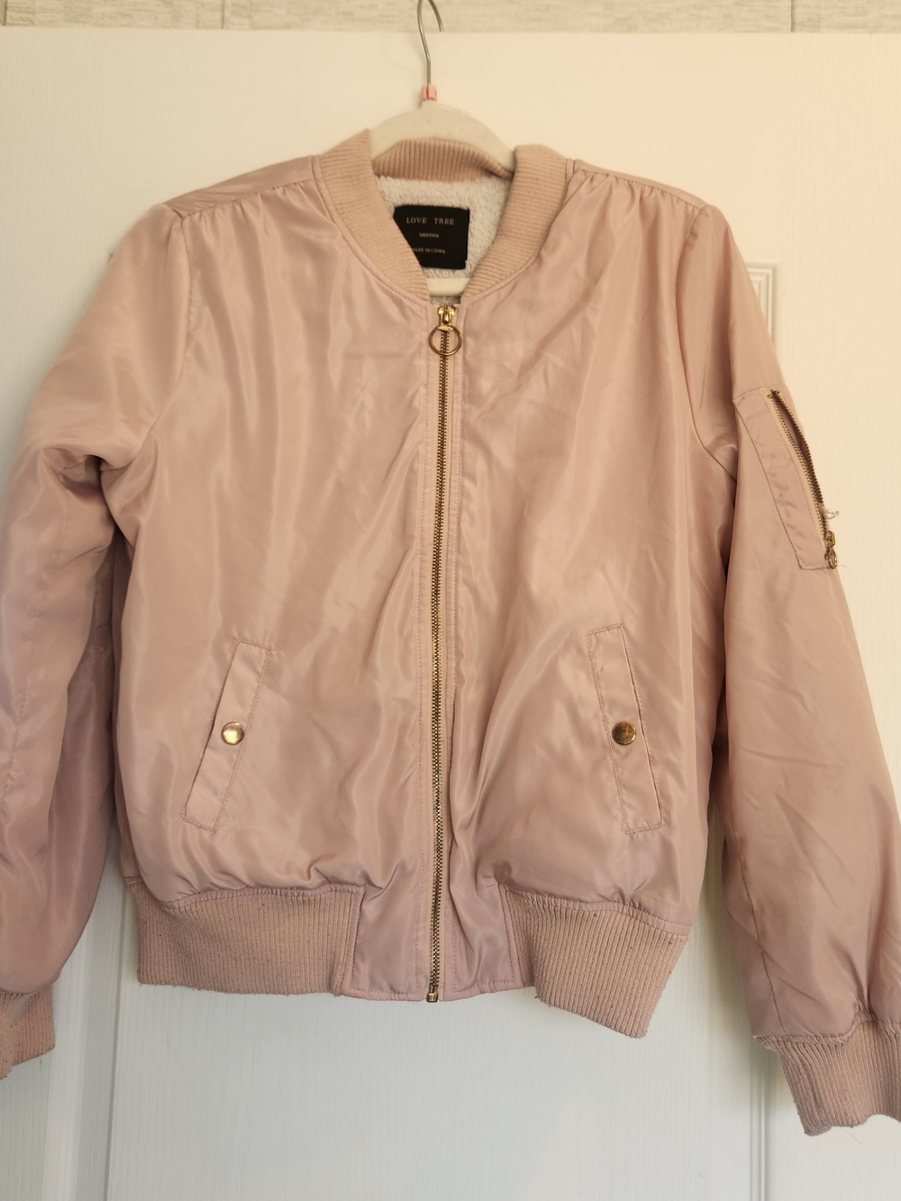 Love Tree Pale Pink Satin Bomber Jacket M Euc